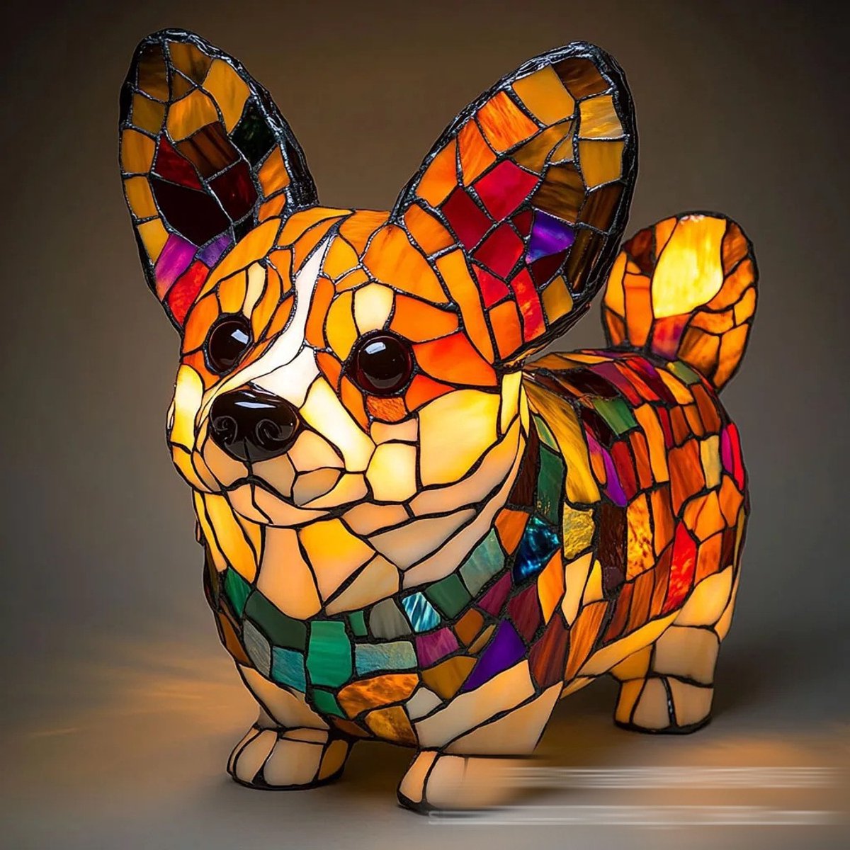 Lamp van gebrandschilderd glas in de vorm van een dier - Vintage gebrandschilderde kattenlamp | Handgemaakt nachtlampje in de vorm van een dier | Kleurrijk decoratief LED-nachtlampje voor thuis en slaapkamer Corgi B