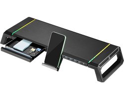 Monitorstandaard - Monitorverhoger - Bureauplank - Multifunctioneel opbergrek - Met 4x USB3.2 Poorten & RGB Verlichting - Verstelbaar & Met La - Voor Gaming & Kantoor