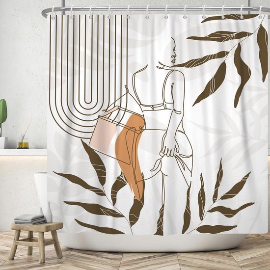 ASDCXZ Douchegordijn, boho-stijl, 180 x 200 cm, modern, abstract, kunstbladeren, cirkelvormig, beige, bad, wasbaar, douchegordijn, polyester, textiel, waterdicht, douchegordijn voor badkuip, met 12