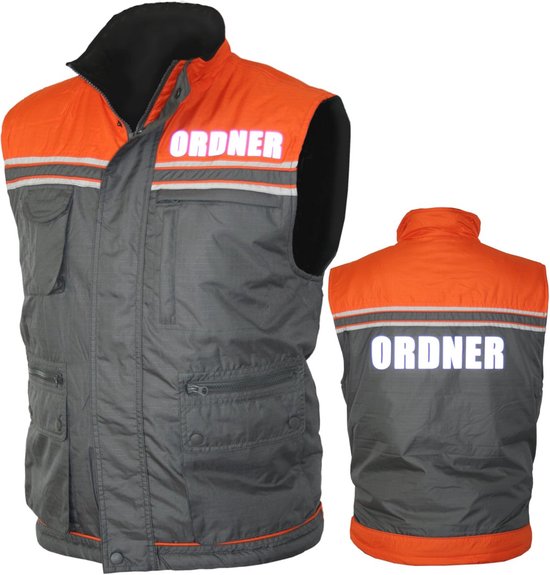 Grijze en oranje bodywarmer met "ORDNER" in witte letters, voor- en achterkant.