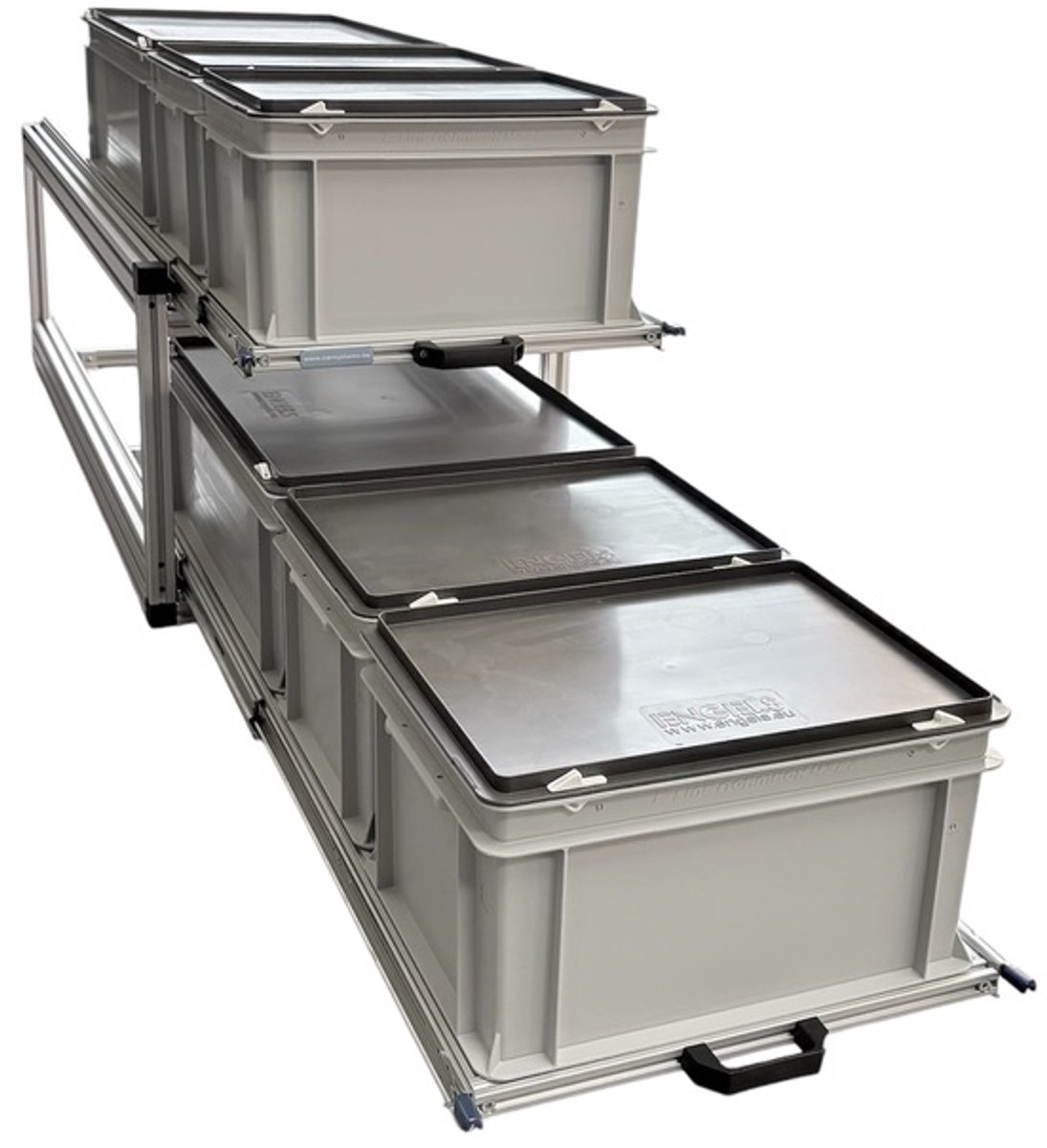 dubbel schuifframe voor camper 120x30 cm met 6 gesloten bakken - 130 kg belastbaar