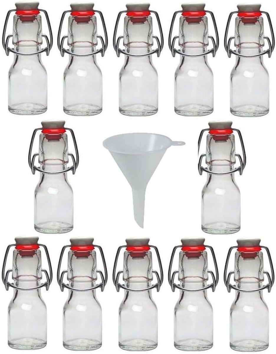 MGM Trading 12 x mini glazen fles 50 ml met beugelsluiting van porselein om te vullen, te gebruiken als kleine likeurfles en oliefles (incl. trechter Ø 7 cm)