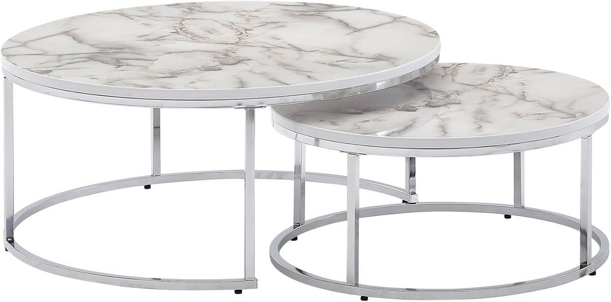 Set van 2 Salontafels - Modern Rond met Wit Marmerlook en Zilveren Accent