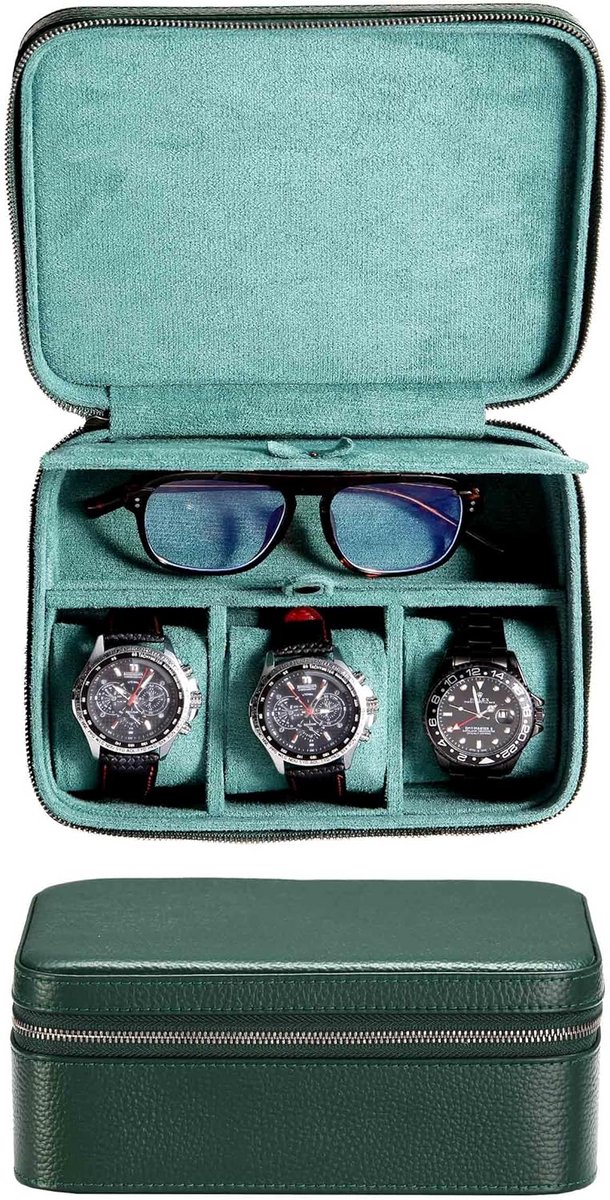 Leren Horlogedoos Heren - Reis etui voor 3 Horloges met Brillen-Accessoires Vak