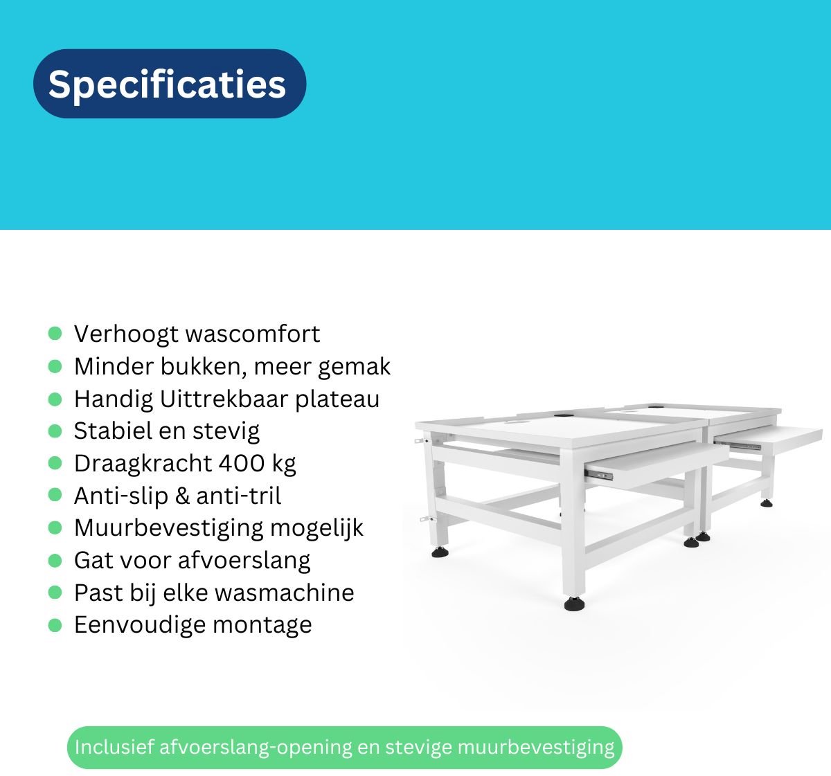 Wasophoogte® Wasmachine verhoger met uittrekbaar plateau - Dubbele wasmachine opbouwmeubel - Wasmachine sokkel - 42cm hoog - Wit - Universeel - 65*60,5 (LxB) - Inclusief wandbeugels thumbnail 3
