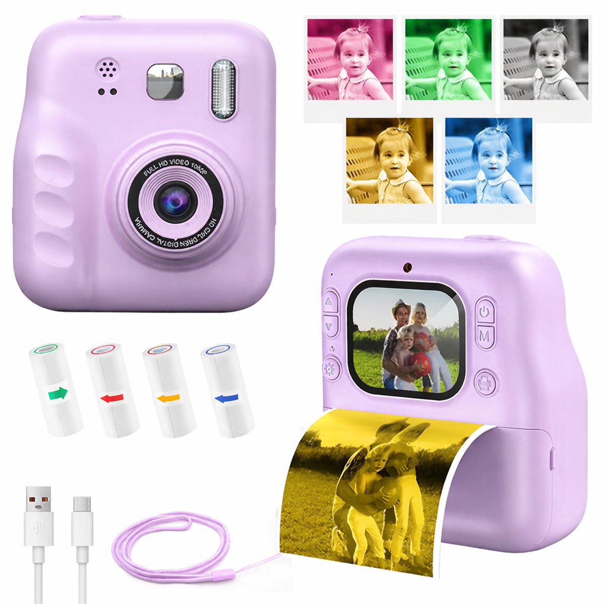 Jumalu Instant Camera – 2.4" HD Camera met Selfie Functie – 1080p – Inclusief 4 Rollen Fotopapier – Direct Print Camera voor Kinderen – Paars/Lila
