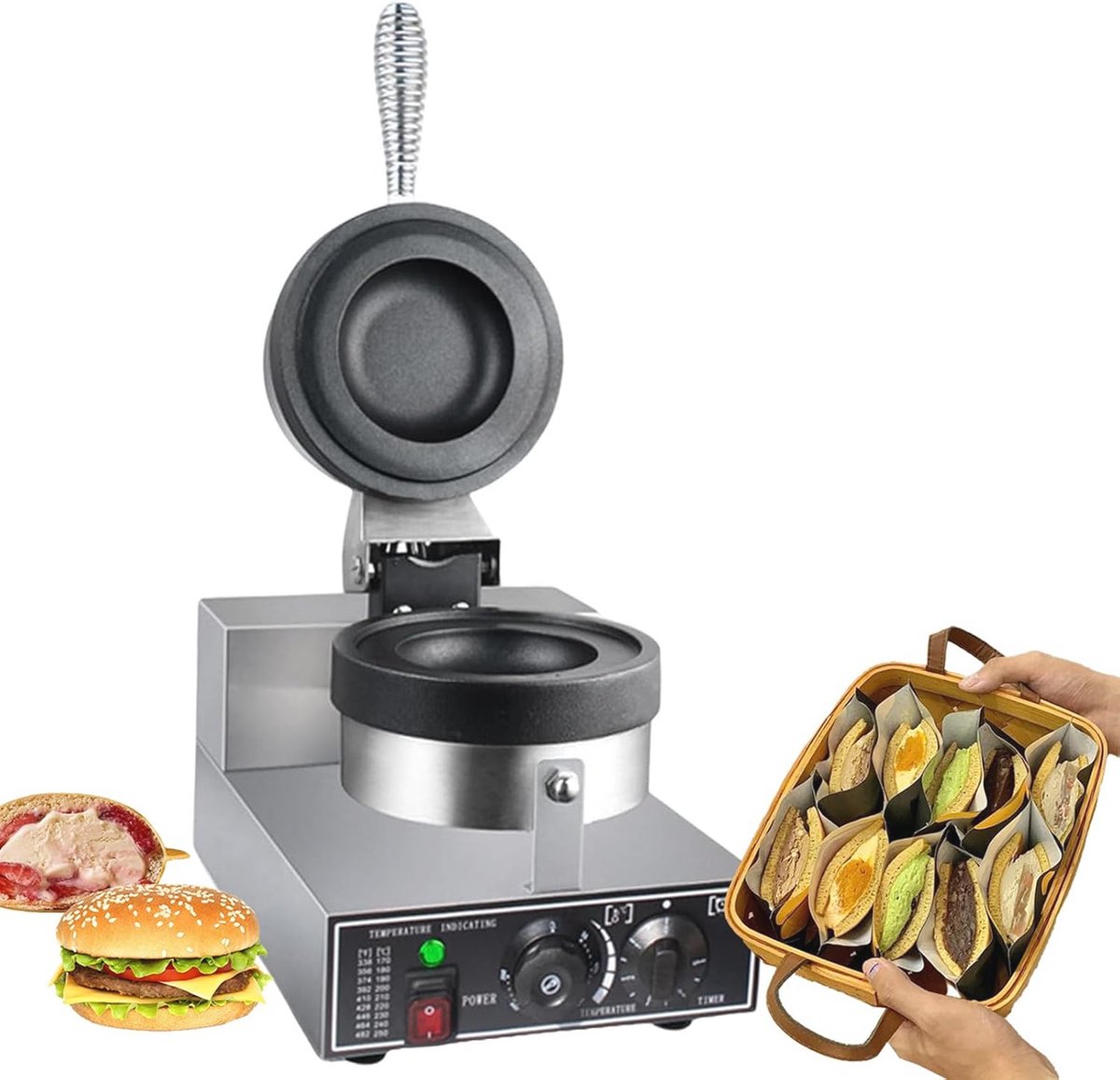 Burger Wafelijzer - Hamburger Pers - Snacks Maken - Dubbelzijdig Verwarmen - 1200 Watt - Zilver