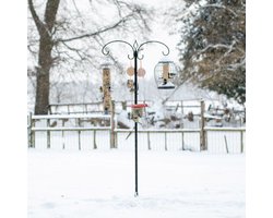 CJ Wildlife Vogelvoederstation met Terrasvoet - Meerdere haken voor o.a. Voedersilo, Vetbolhouder of Pindasilo - Inclusief Voederbakje & Waterschaaltje - Zwart