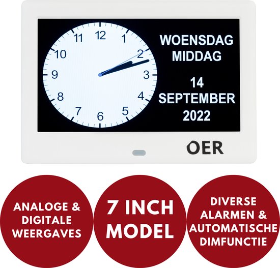 Horloge OER 7 pouces, affichages analogique et numérique, alarmes diverses et gradation automatique.