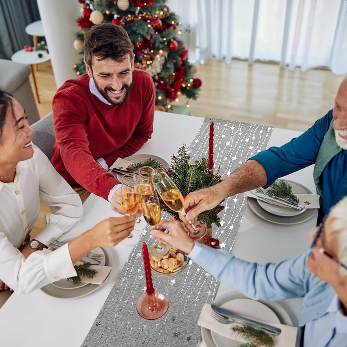 Lange Kerst Tafelloper met Sterren Design Tafeldecoratie Feestdagen