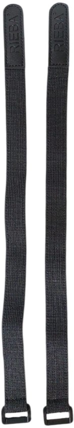 Twee zwarte, elastische broekklemmen met klittenbandsluiting en een 'RIEBA'-logo op een leren patch.