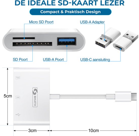 Smath® SD Kaart Lezer 3 in 1 - Micro SD en TF Card Reader - Geheugenkaartlezer USB C - Inclusief USB C naar USB A Converter - Geschikt voor Macbook Air en Pro - Windows - Universeel - Wit