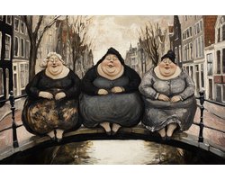 K&C Art (Aluminium schilderij) 90x60cm | 3 dikke dames op een brug in Amsterdam - grappig - zwart - beige - bruin - wit - kunst | Woonkamer - slaapkamer - hal - kantoor | Foto schilderij print op dibond - wanddecoratie - muurdecoratie - wall art