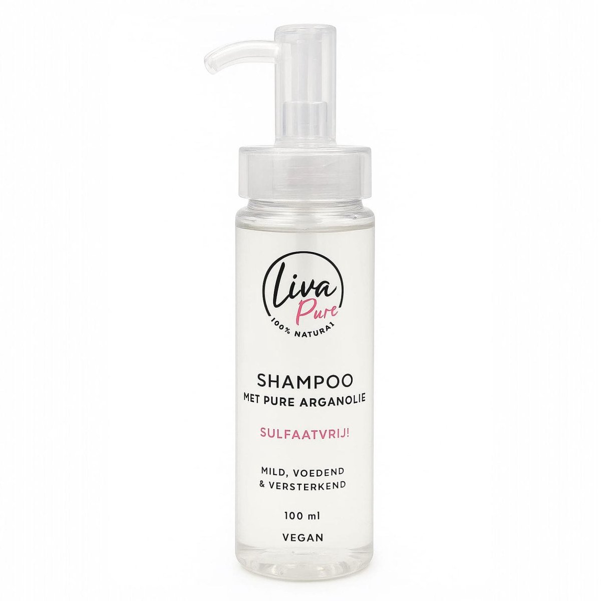 Liva Pure - Sulfaatvrije shampoo met pure Arganolie 100 ml - Reinigt het haar zacht, zonder uitdroging - Behoudt natuurlijke oliën en glans - Vermindert pluizig en broos haar - Geschikt voor gekleurd haar en gevoelige hoofdhuid - Met pure Arganolie