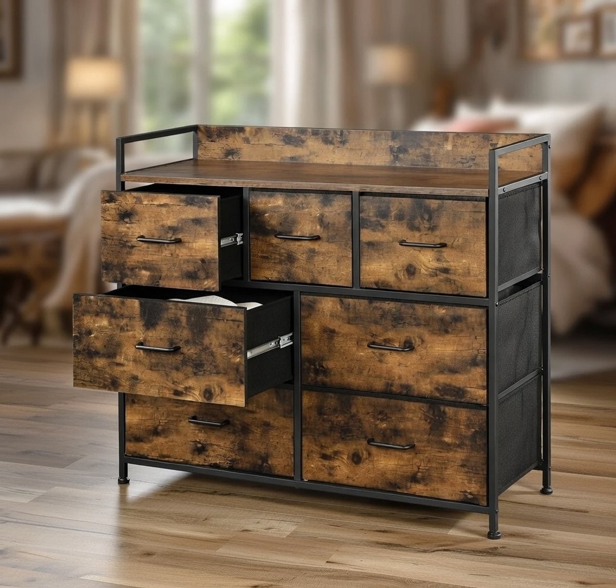 Ladekast 7 Lades Industrieel – Opbergkast met Stoffen Lades en Metaal Frame – Dressoir voor Slaapkamer, Woonkamer en Hal – Robuust & Lichtgewicht – Rustiek Bruin Zwart – House&Garden