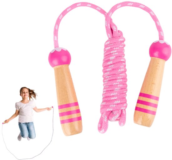 1 stuk - Springtouw - Springtouw voor kinderen - Verstelbaar springtouw - Springtouw voor kinderen met houten handvat - Fitnessapparatuur - Leuk - Geschikt voor jongens en meisjes - Voor fitness, oefeningen en buitenactiviteiten - 2,6 m - Roze