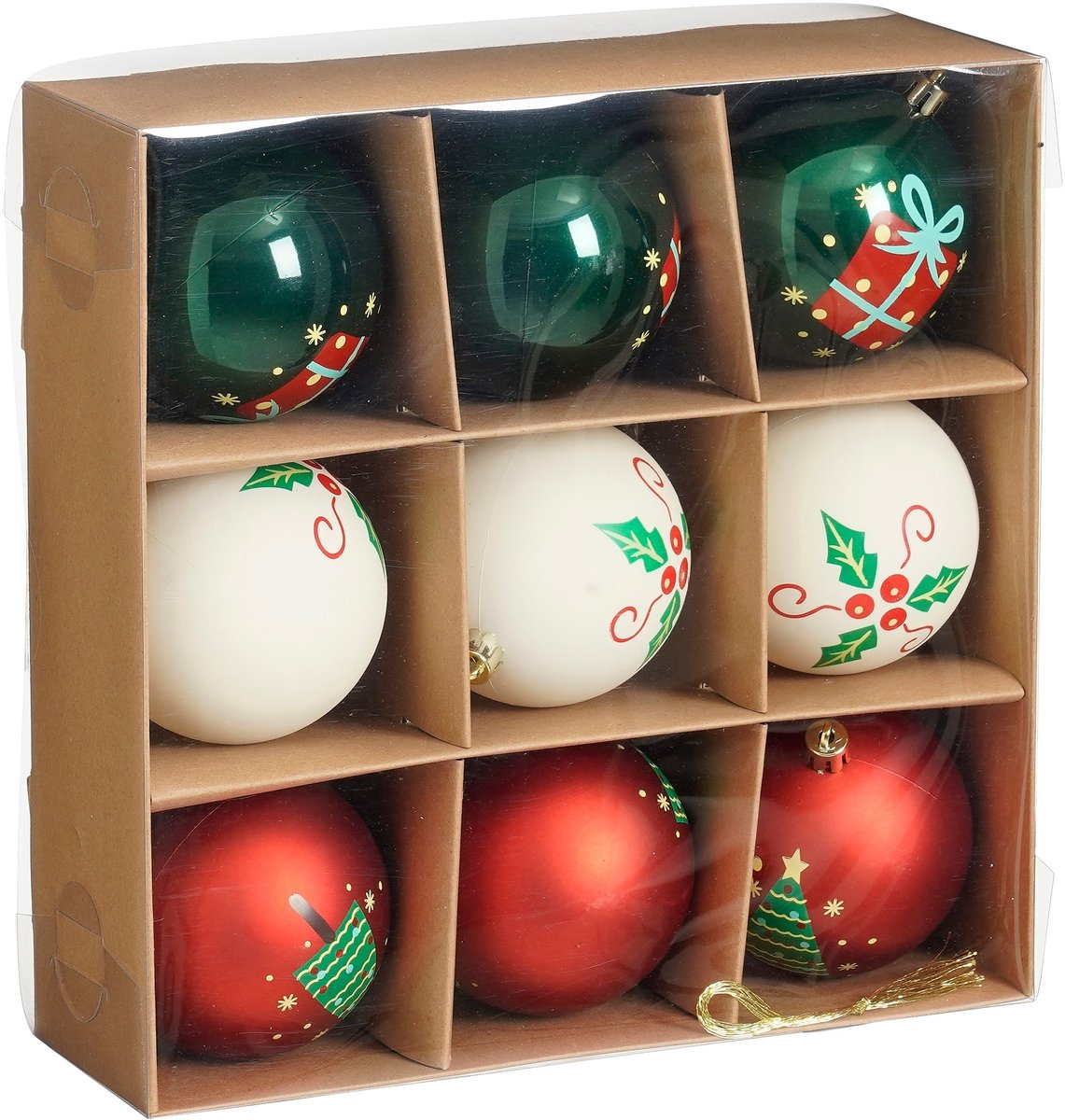 Christmas Baubles Set - 9 Pieces - Ø8 cm - Shatterproof - White, Red, Green