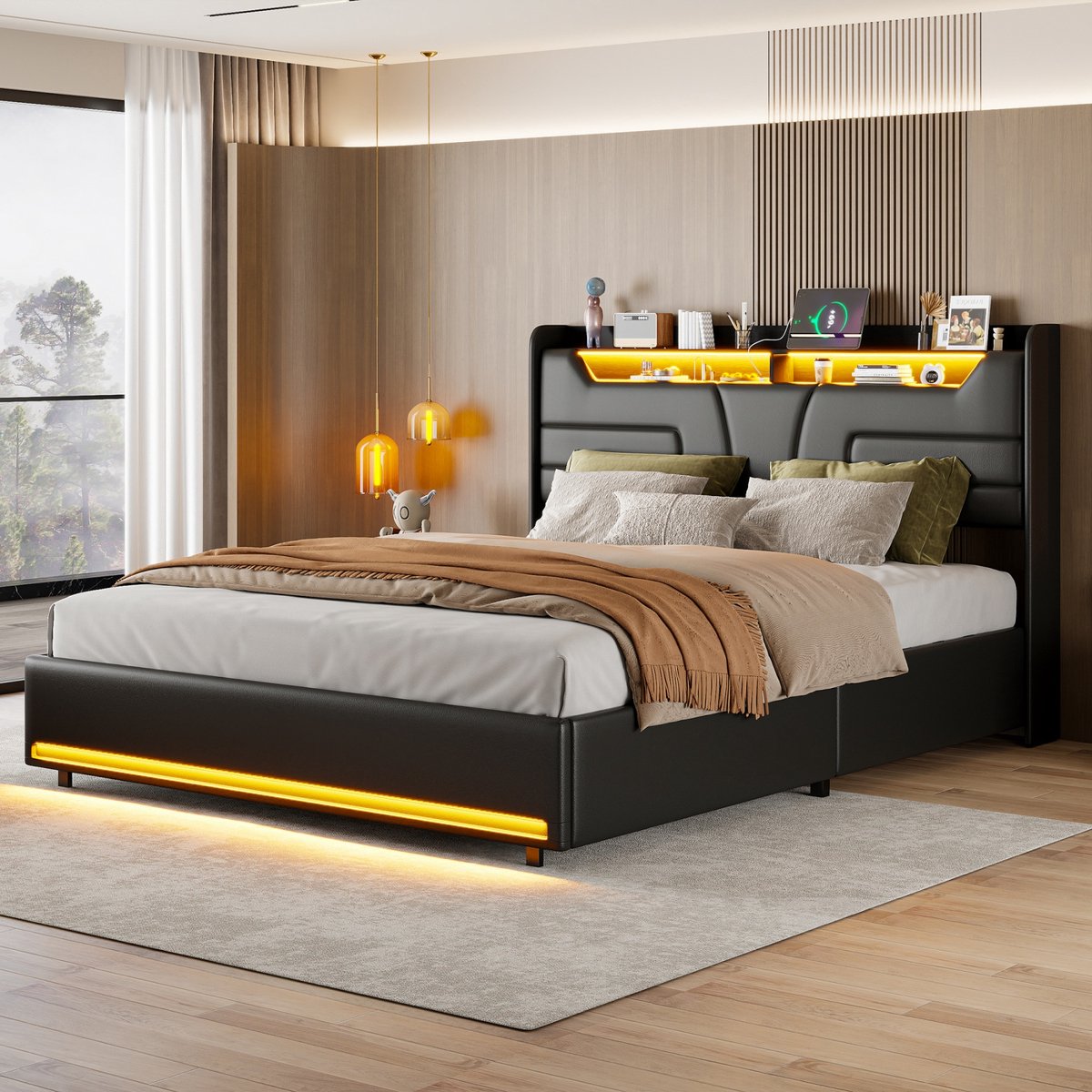 Gestoffeerd tweepersoonsbed 140x200cm met ledverlichting, tweepersoonsbed met opbergruimte, hoofdbord en lattenbodem, kinderbed, tienerbed, zwart kunstleer (PU), exclusief matras