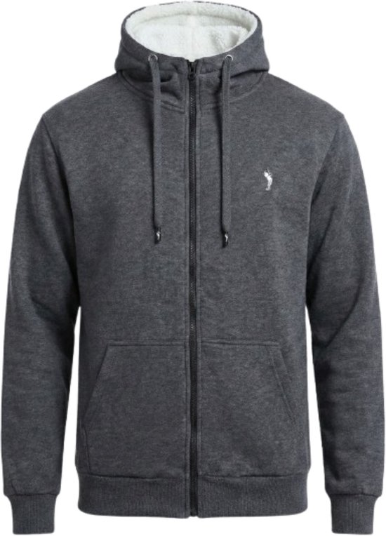Donkergrijs vest met rits, capuchon, opgestikte zakken en witte teddy voering. Zilverkleurige rits.