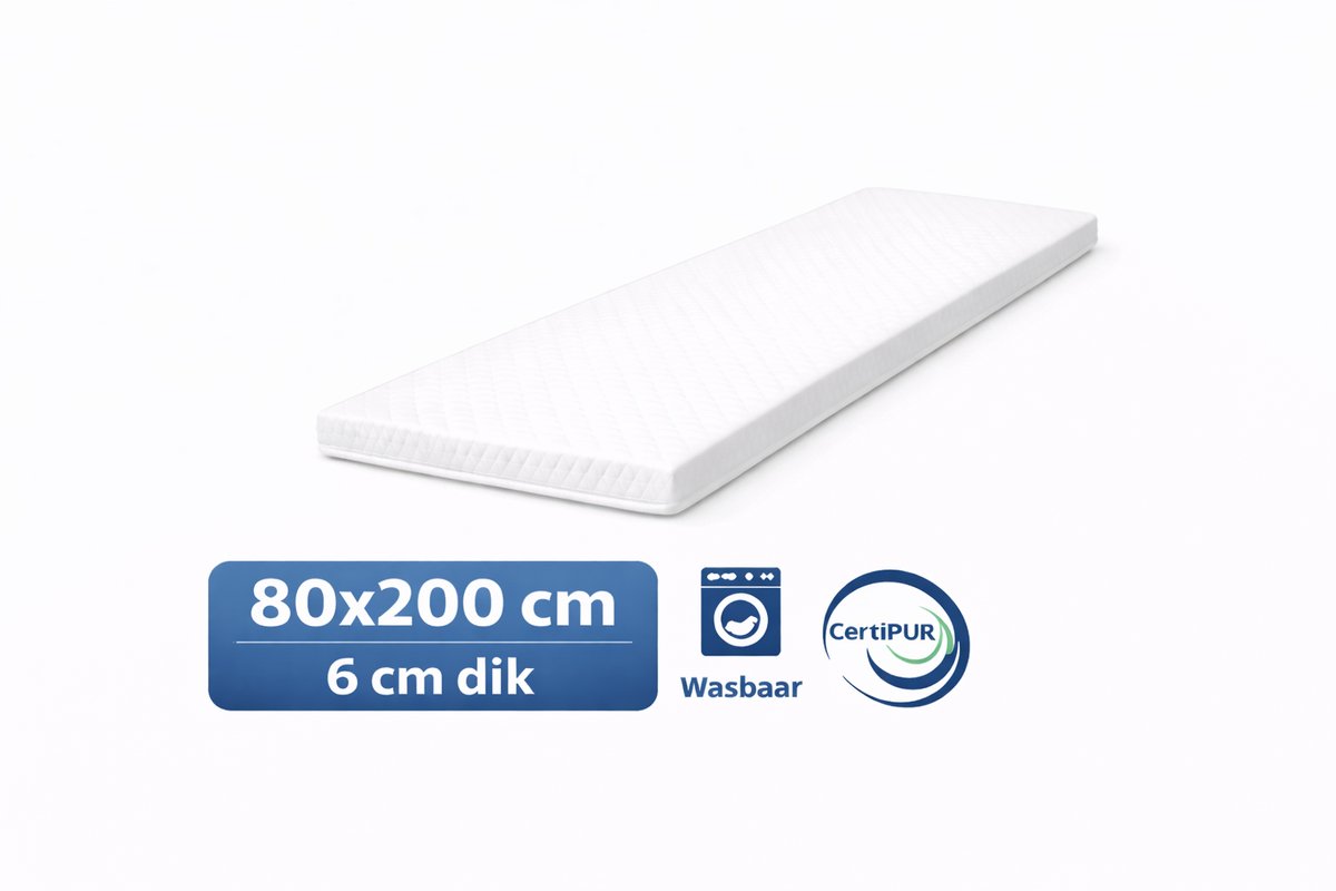 kikishop Topdekmatras 80x200 – 6 cm HR Koudschuim – Afritsbaar & Wasbaar – CertiPUR® Gecertificeerd – Medium Hardheid – Comfort Matrastopper wit