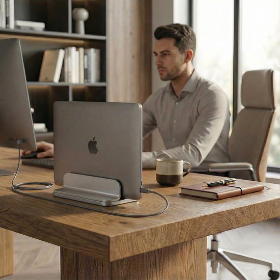 Man met grijze laptopstandaard op bureau, met MacBook en mok.