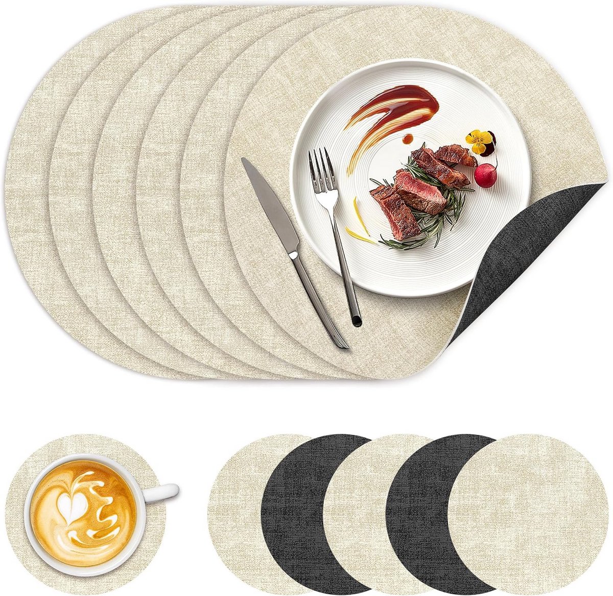 Set van 6 Ronde Placemats - Dubbelzijdig Kunstleer - Wasbaar & Hittebestendig Tafelkleed