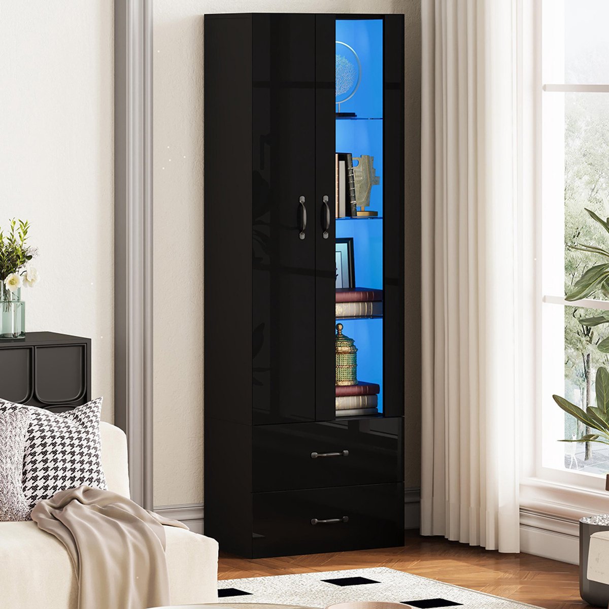 BLACKCOLORS Vitrine met ledverlichting, 2 deuren, vitrine op voet met transparante deur, vrijstaande vitrine Ledvitrine Woonkamer Woonkamermuur Ledvitrine Ledkast Buffet, zwart
