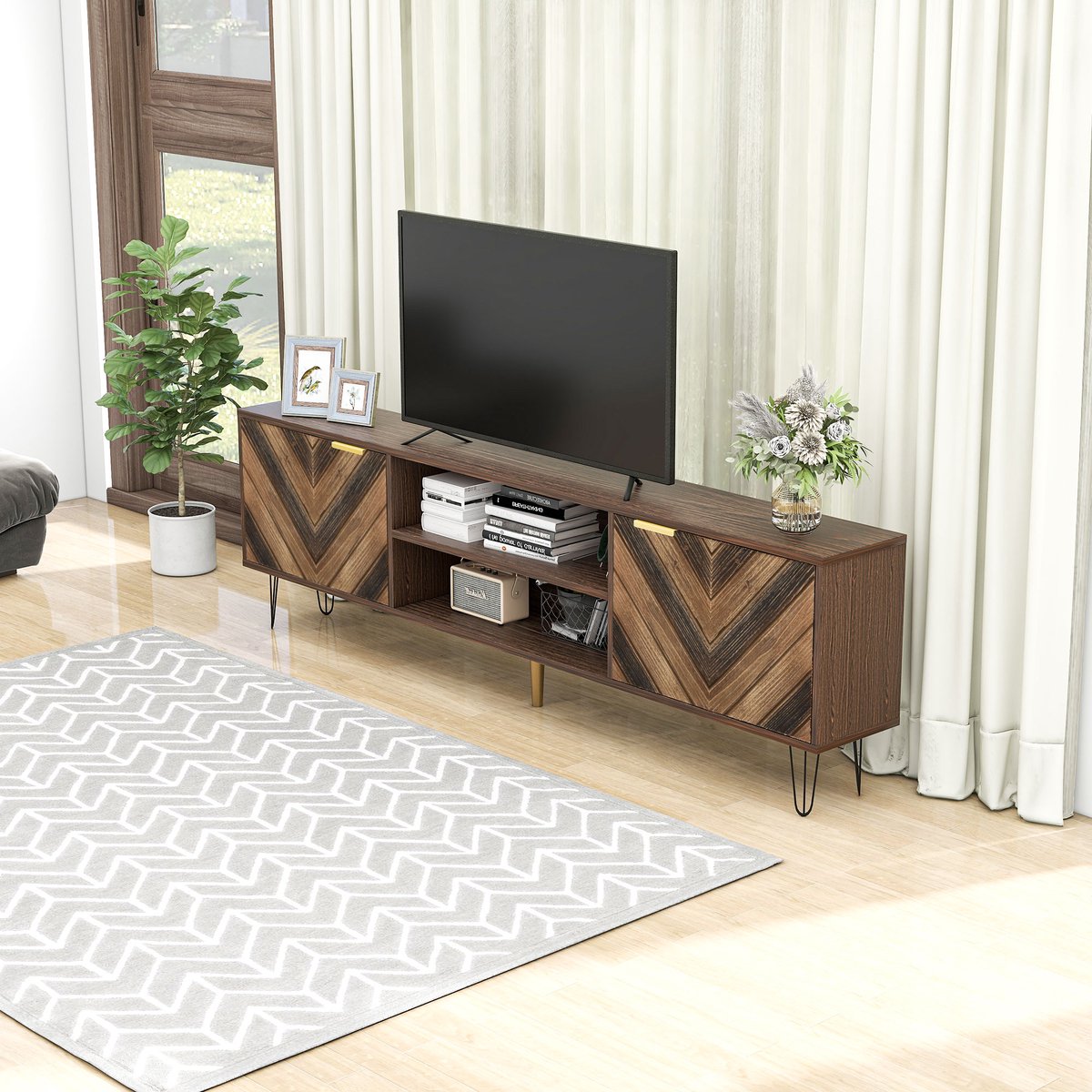 REDOM - TV-meubel - houtfineer - met gouden grepen - 155 L x 38 B x 48 H(cm) Natural