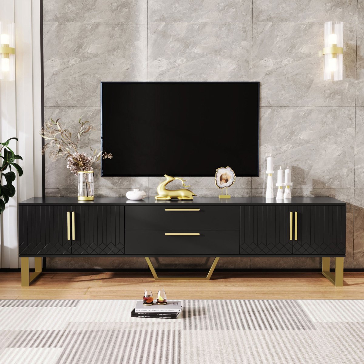 Wishdor Luxe TV-Meubel (170 cm) - Hoogglans Zwart met Gouden Accenten - Dressoir met 4 Deuren & Lades - Hotel Chic