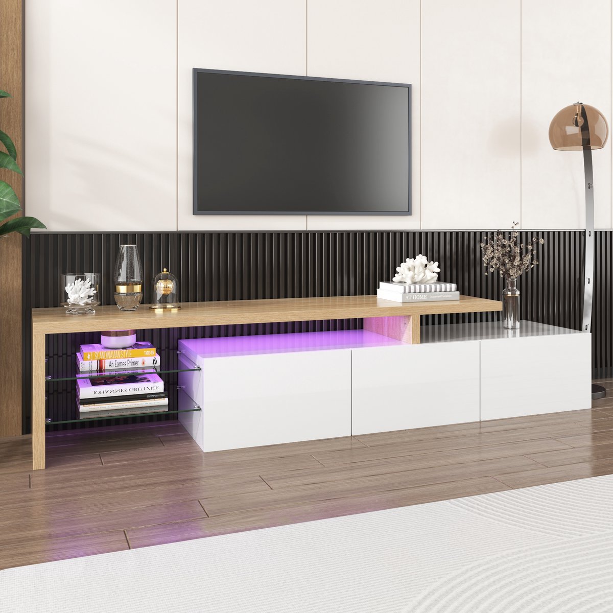 REDOM TV-meubel - MDF - hoogglans afwerking - 197.5 L x 39 B x 42H(cm) + Natural+White Natuurlijk+Wit