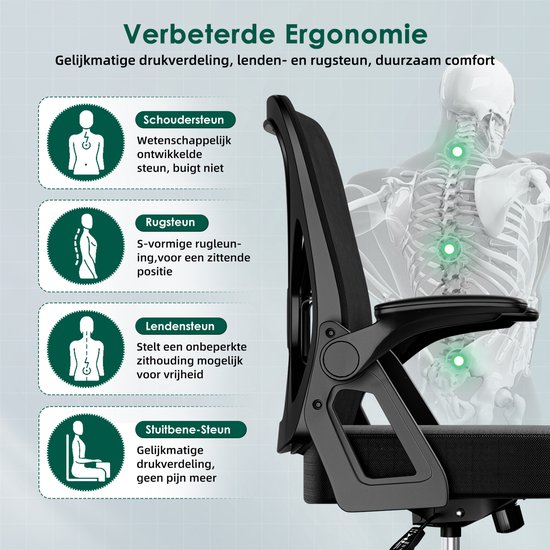 Hiaonyx Chaise de Bureau-Chaise de Bureau Ergonomique-Chaises de Bureau pour Adultes-Accoudoirs Pliants-Support Lombaire-Coussin d'assise épaissi et élargi- Zwart