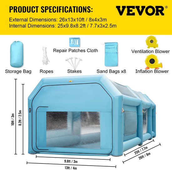 VEVOR Opblaasbare Spuitcabine Blauw Werktent 8x4x3M Lakcabine van 210d Oxford-Stof en Pvc met Inflatieventilator en Ventilatieventilator voor Het Schilderen van Auto'S, Kamperen In De Buitenlucht, Enz van Vevor — afbeelding 5