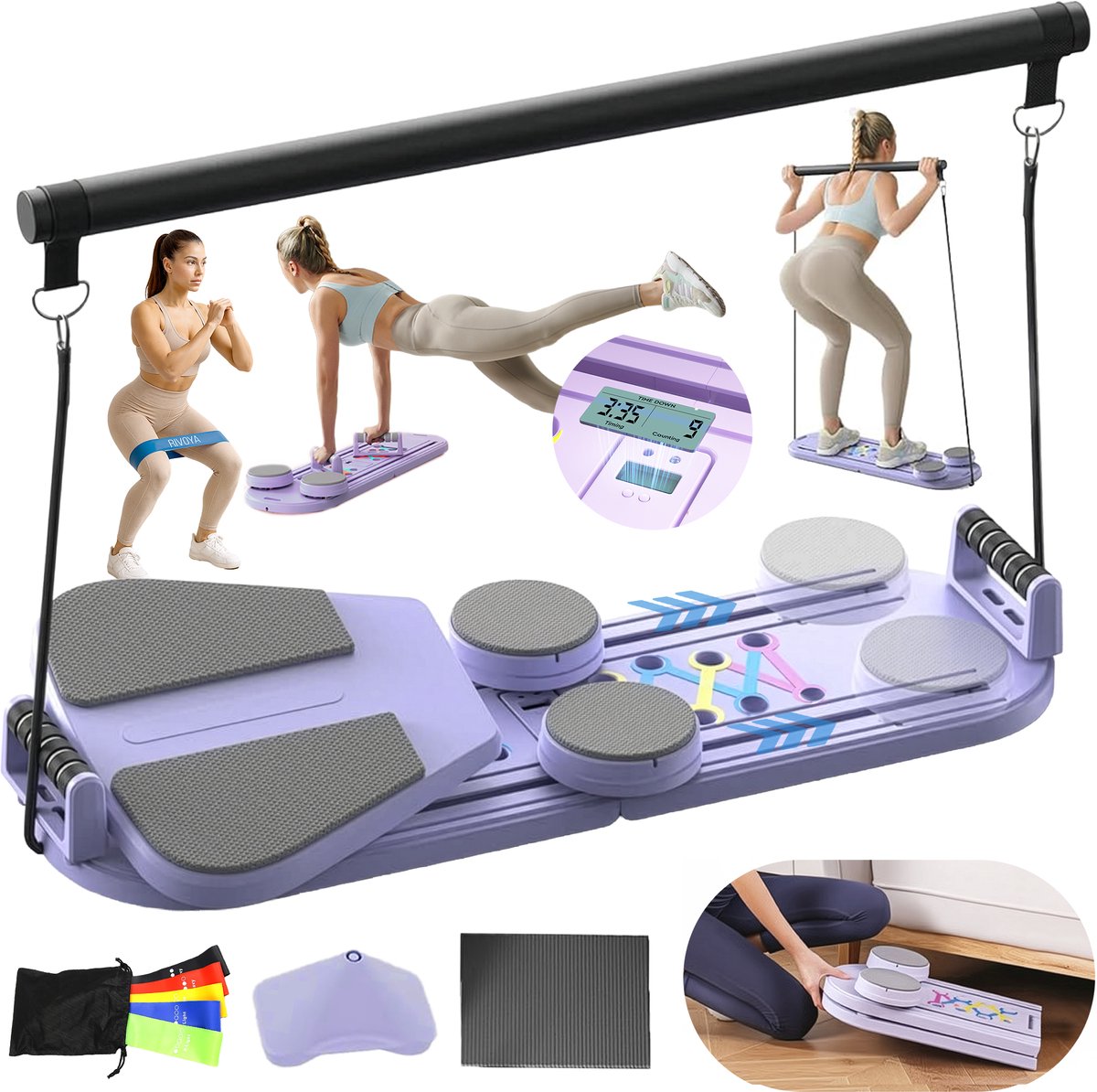 Rivoya Pilates Board - Luxe Model - Pilates Reformer & Core Trainer - Buikspiertrainers - Buiktrainer - Ab Roller - Fitness Board - Inklapbaar - Incl Weerstandbanden set - Paars - Rivoya - €72,49