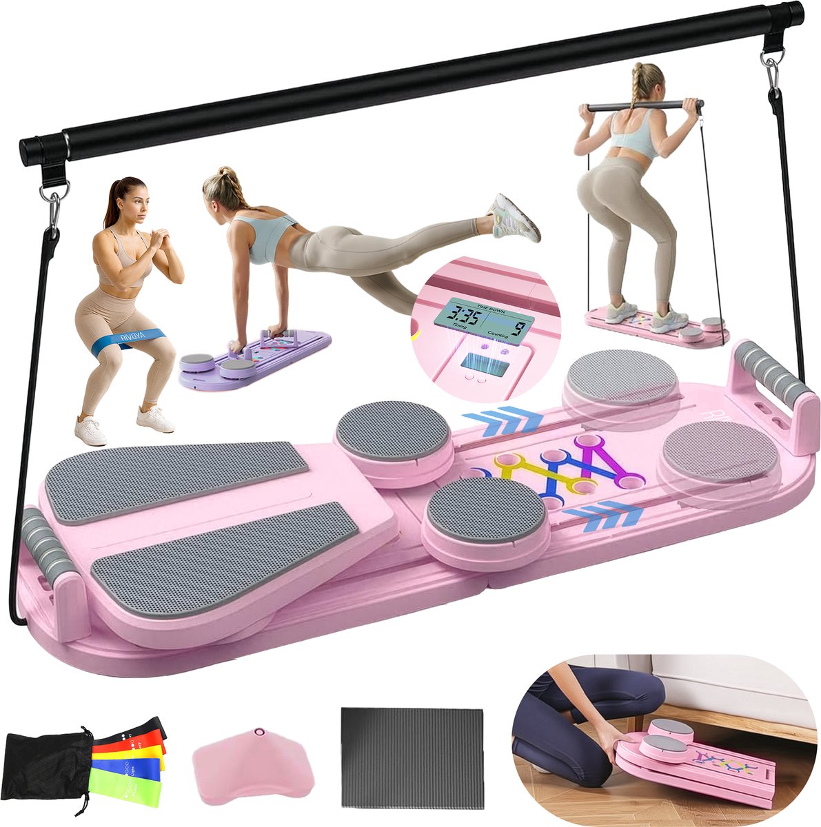 Rivoya Pilates Board - Luxe Model - Pilates Reformer & Core Trainer - Buikspiertrainers - Buiktrainer - Ab Roller - Fitness Board - Inklapbaar - Incl Weerstandbanden set - Roze - Rivoya - €74,95