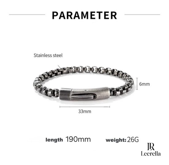 Zilverkleurige roestvrijstalen schakelarmband met gesp, 6mm breed, 190mm lang.