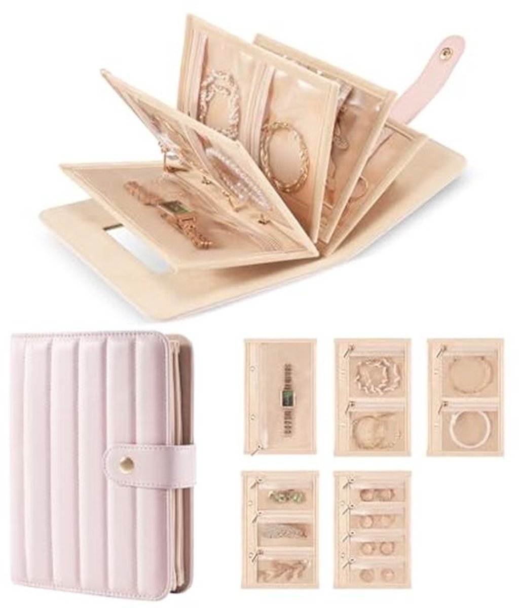 Draagbare sieraden organizer met rits, fluwelen zakje en spiegel voor vrouwen - roze