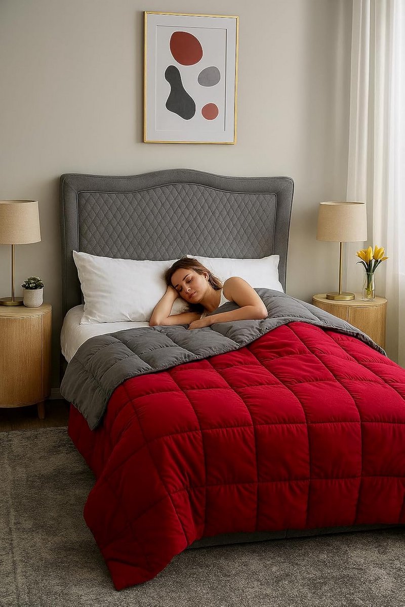 Luxe Hoesloos Dekbed 200x200 cm in Rood en Grijs - Ademend en Wasbaar, Anti-Allergie, 2 Pe