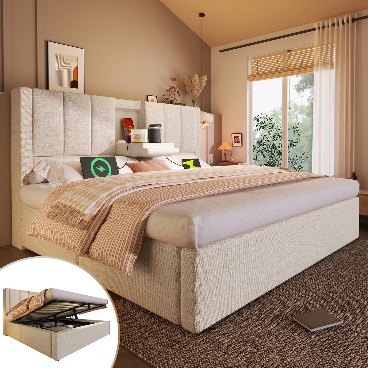 Tweepersoonsbed 160x200 cm met verborgen bekerhouder en oplaadstation - gestoffeerd bed met opbergruimte - beige - zonder matras