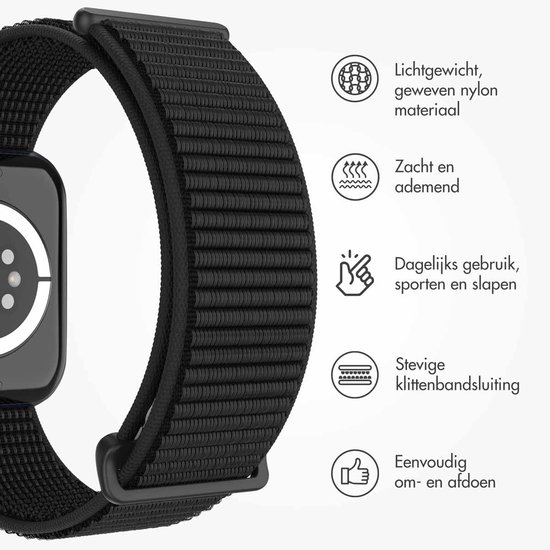 Nylon bandje - Geschikt voor Apple Watch 1, 2, 3, 4, 5, 6, 7, 8, 9, 10, 11, SE, Ultra (2 / 3) - 44/45/46/49 mm - Zwart