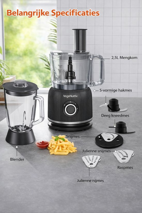 Keukenmachine & Blender Combinatie 1500 W - 2,5 L Keukenmachine + 2 L Glazen Blender - 2 Snelheden & Puls - Voor Deeg, Smoothies & Meer van Merkloos — afbeelding 2