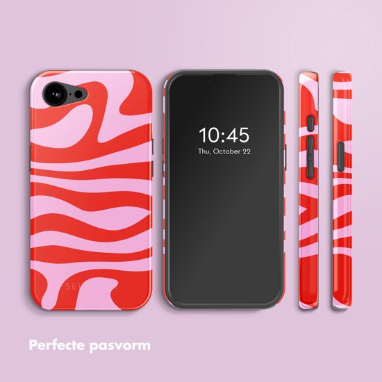 Trois coques pour iPhone : une à motif ondulé rouge/rose, une noire, une compatible MagSafe.