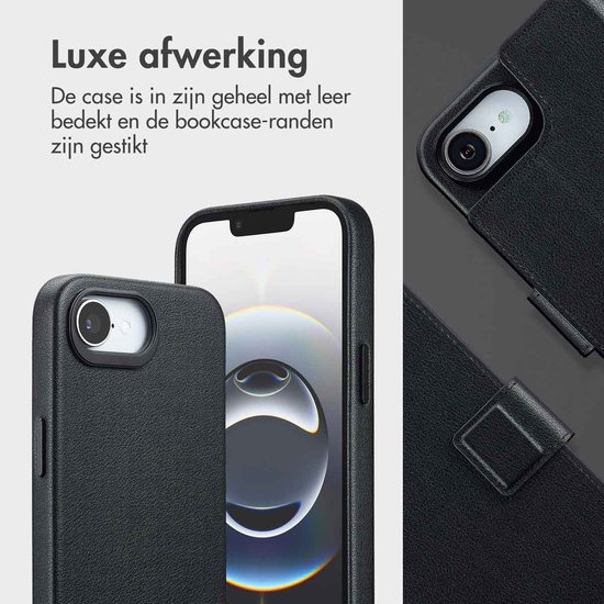 Zwarte leren telefoonhoes met een luxe afwerking en een uitneembare backcover.