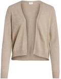 Beige gebreid vest met open voorkant, lange mouwen en geribbelde zoom.