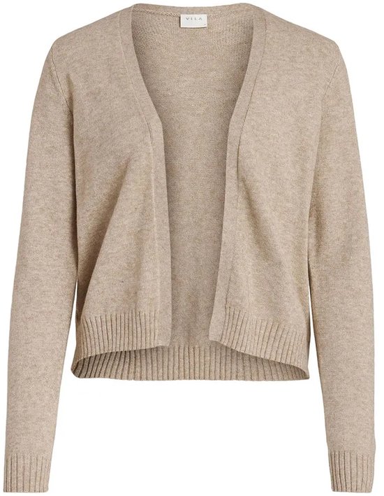 Beige gebreid vest met open voorkant, lange mouwen en geribbelde zoom.