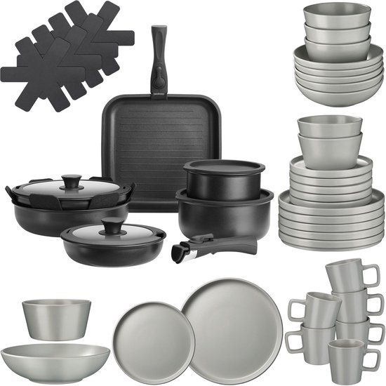 tectake - Complete Pannenset - Grijs/Zwart - 41-delig - Geschikt voor Inductie