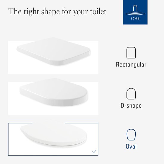 Drie toiletzittingen met deksels: rechthoekig, D-vormig en ovaal.