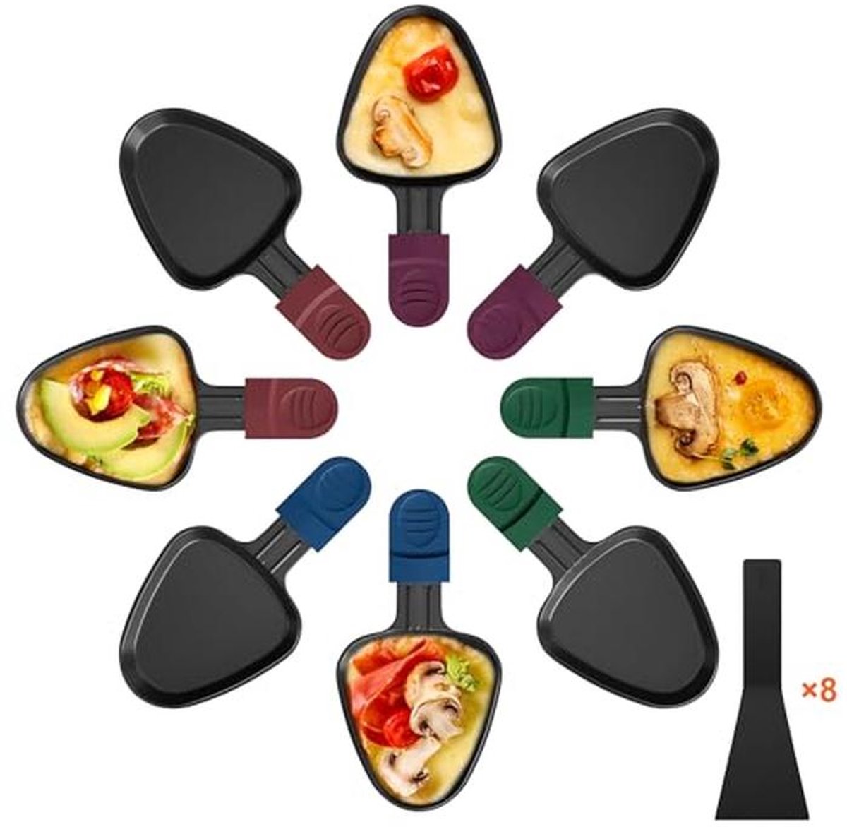 Vervangende Raclette-Pannetjes voor Universele Racletteapparaten Set van 8 Kleurige Driehoekige Grillpannetjes met Hittebestendige Nylon Schoppen