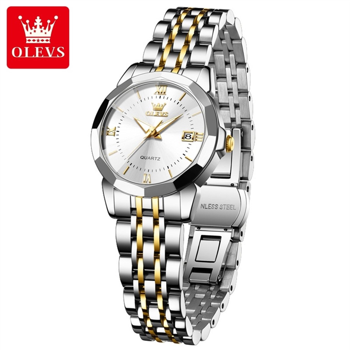HO-9989L.gz-z : Olevs 12 facet zilver-goudkleurig quartz edelstaal dames horloge, zilverkleurige wijzerplaat, kalenderdag