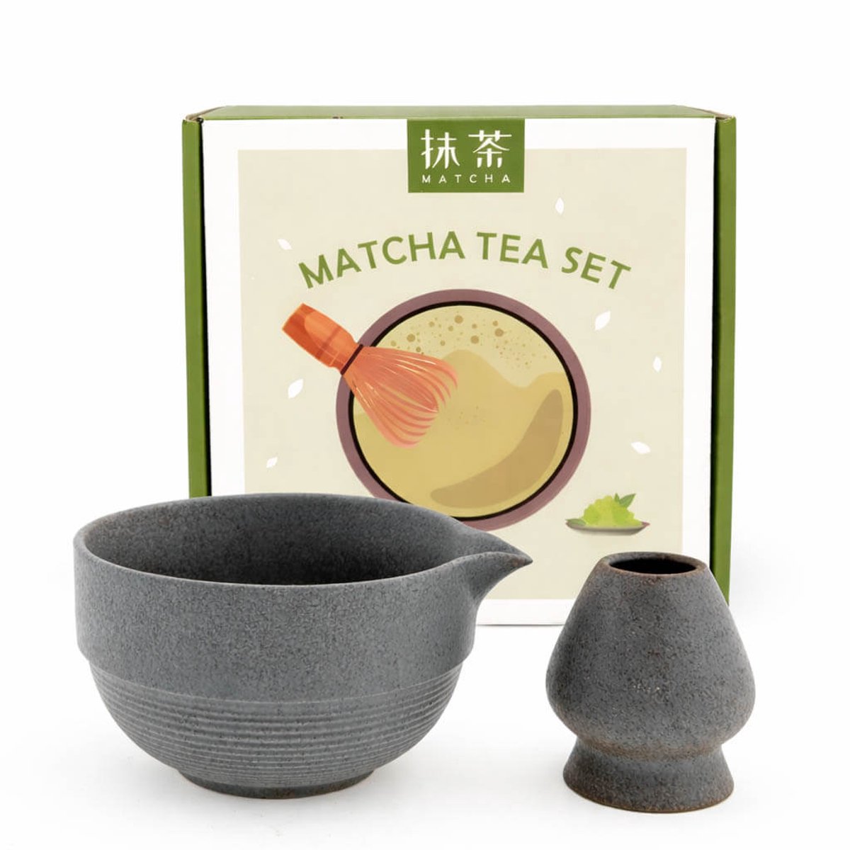 Matcha set in giftbox 2-delig – grijs – keramische matcha kom met schenktuit & houder voor bamboe klopper – Japans matcha ritueel – stijlvol thee cadeau