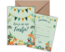 Uitnodiging Kinderfeestje 10 Kaarten + Enveloppen - Dino – Jongen & Meisje – Uitnodigingskaarten - Beschrijfbaar – Verjaardag Kind